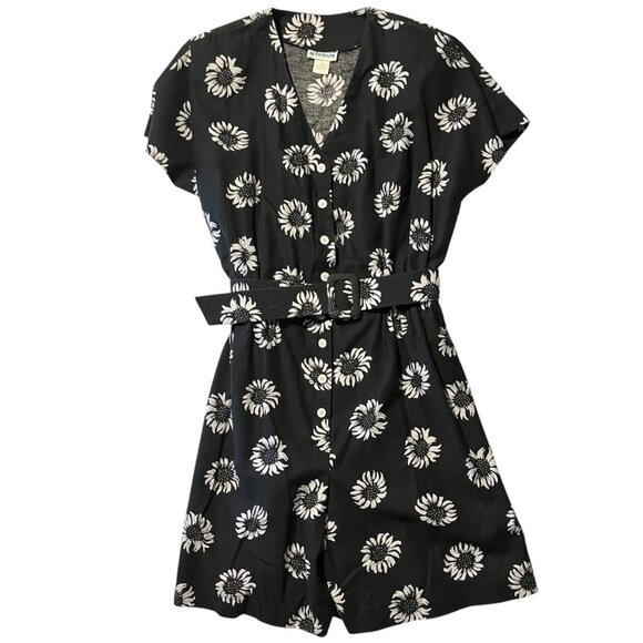 Vintage Pants - Vtg 1980s Women's M Romper Black White Mono‎ Daisy Floral Belted V-neck Summer